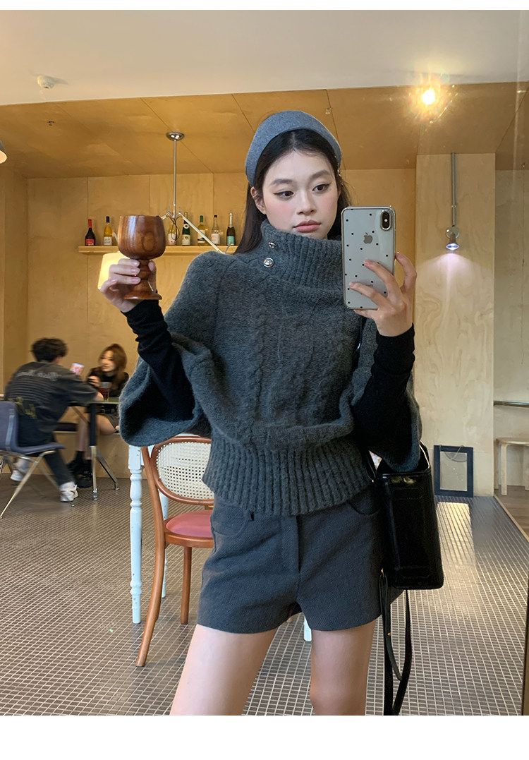 Grey Cable Knit High Neck Batwing Short Sweater