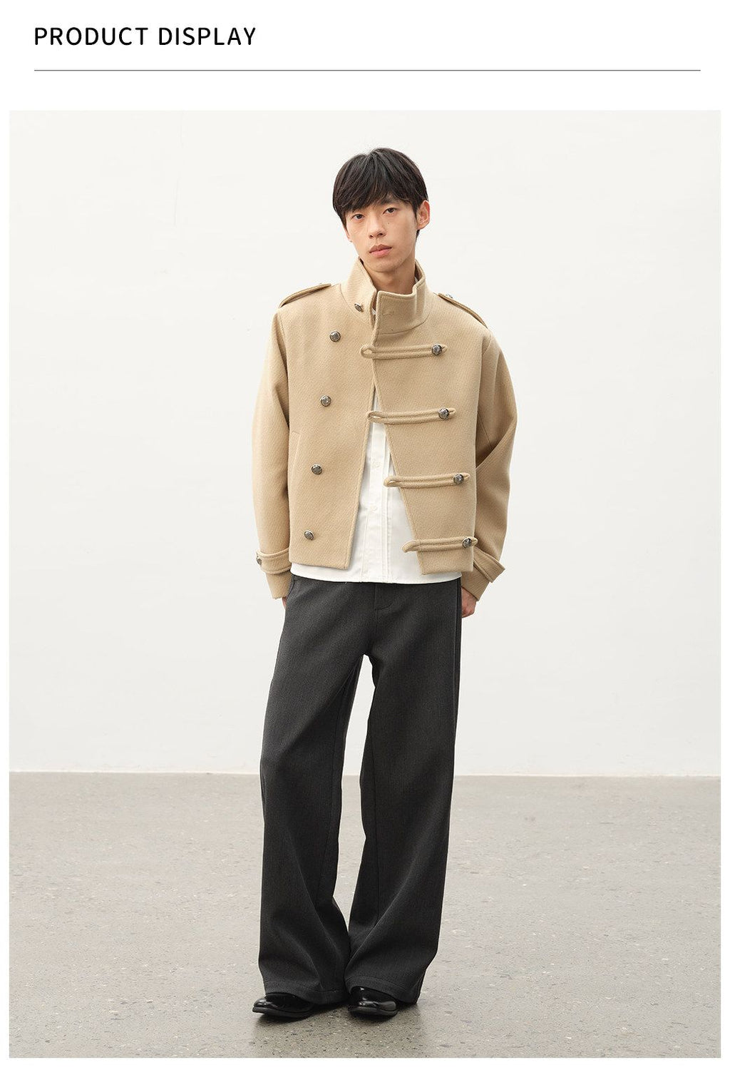 Napoleon Textured Wool Stand Collar Double Breasted Slanted Placket Jacket