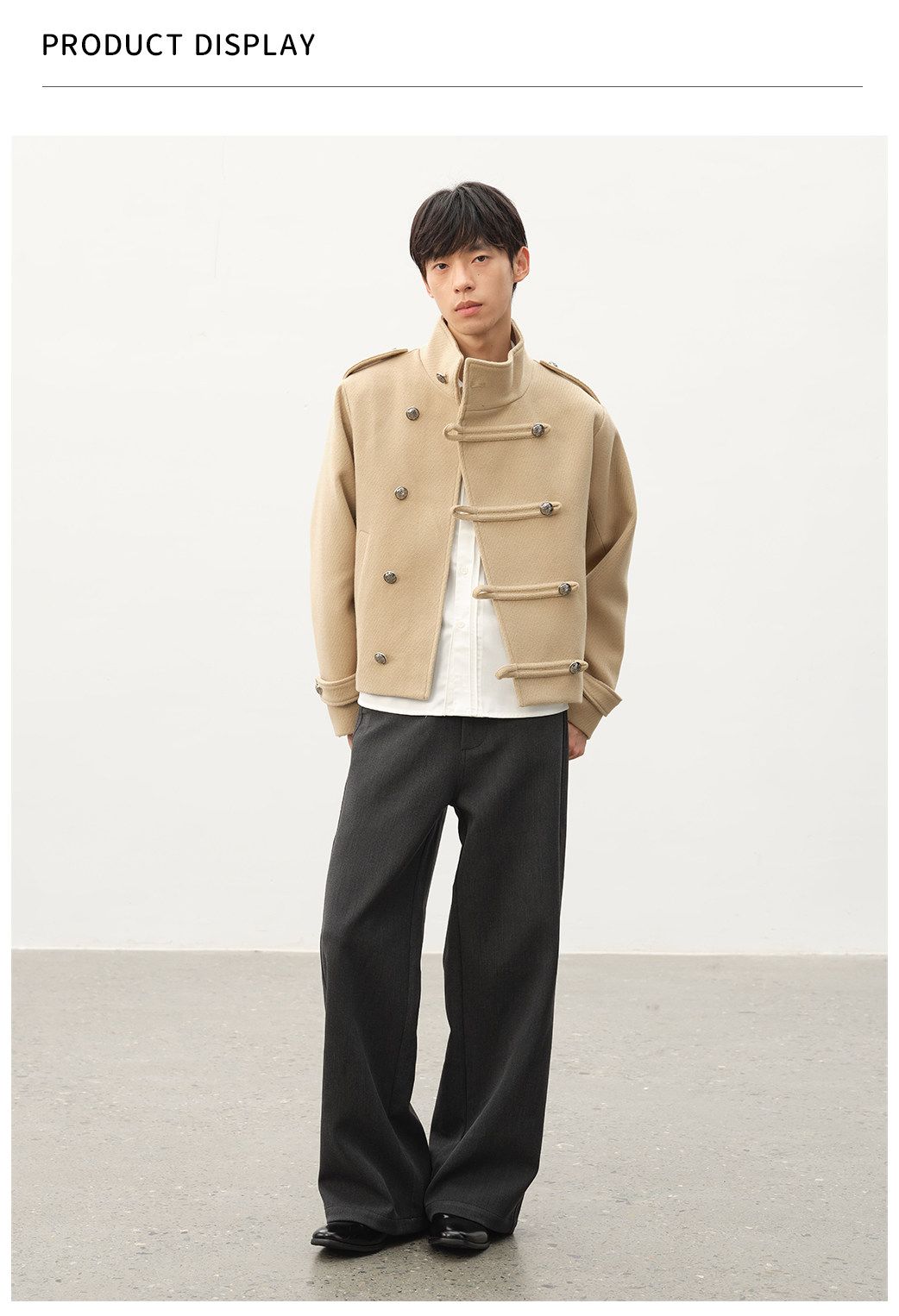 Napoleon Textured Wool Stand Collar Double Breasted Slanted Placket Jacket