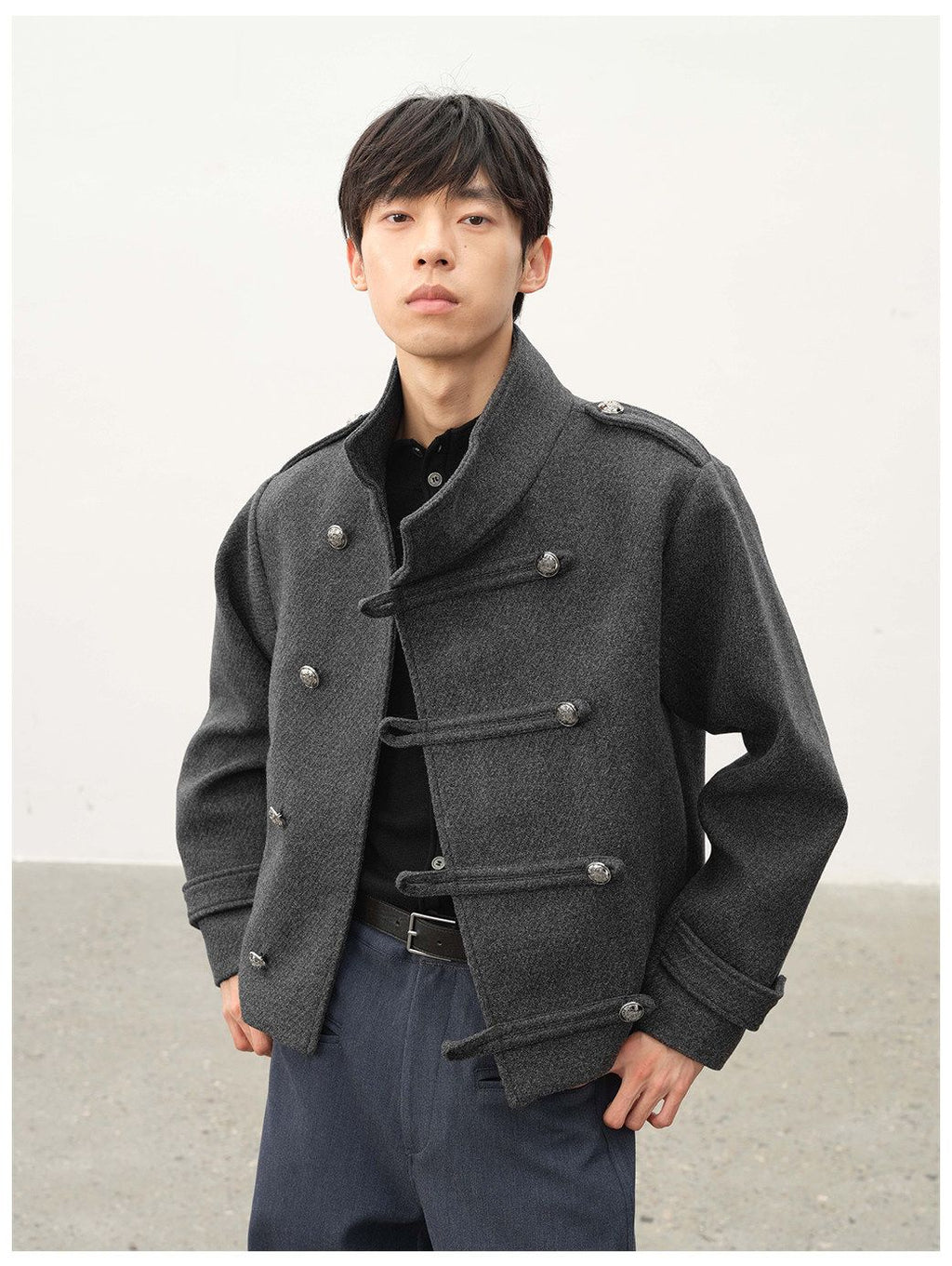 Napoleon Textured Wool Stand Collar Double Breasted Slanted Placket Jacket
