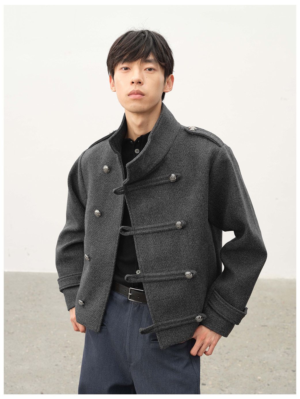 Napoleon Textured Wool Stand Collar Double Breasted Slanted Placket Jacket