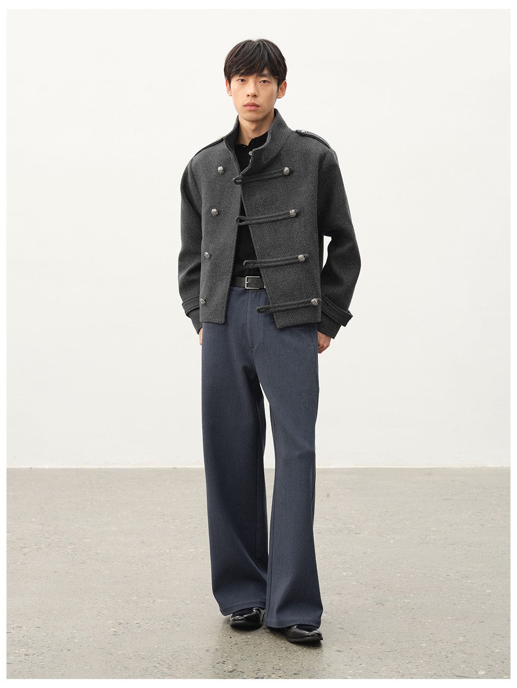 Napoleon Textured Wool Stand Collar Double Breasted Slanted Placket Jacket