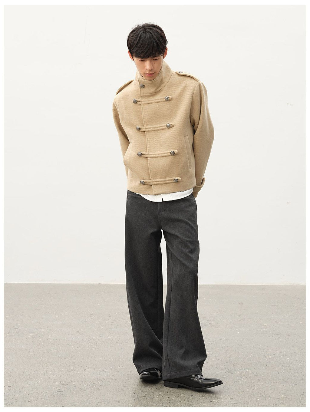 Napoleon Textured Wool Stand Collar Double Breasted Slanted Placket Jacket