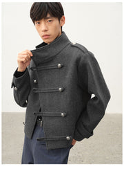 Napoleon Textured Wool Stand Collar Double Breasted Slanted Placket Jacket