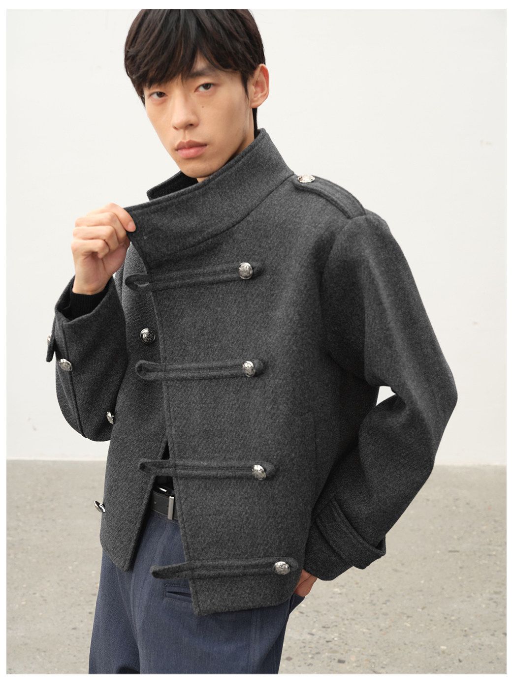 Napoleon Textured Wool Stand Collar Double Breasted Slanted Placket Jacket